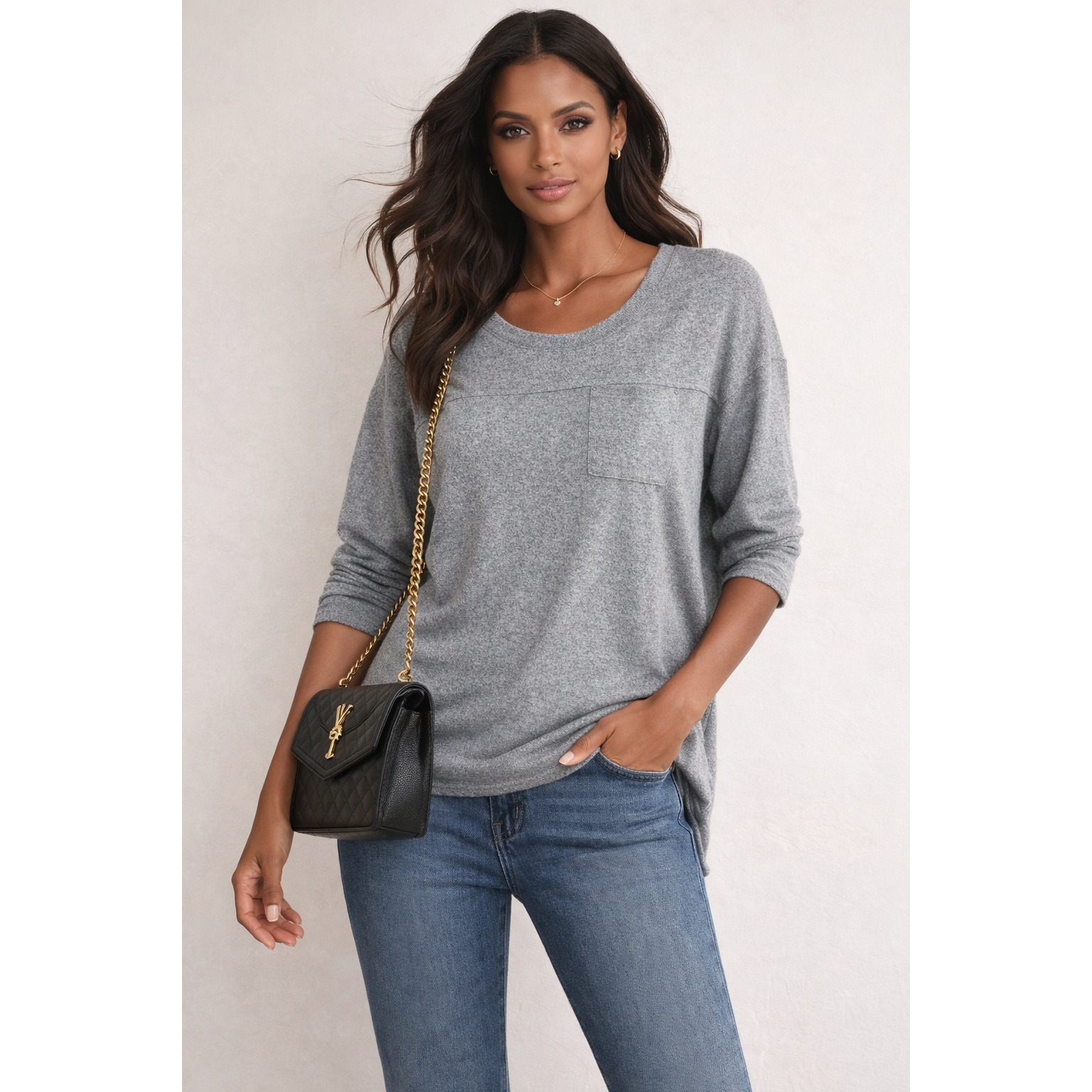 Calvin Klein Jeans Top Womens L Gray Minimalist Casual Elevated Basics Cozy